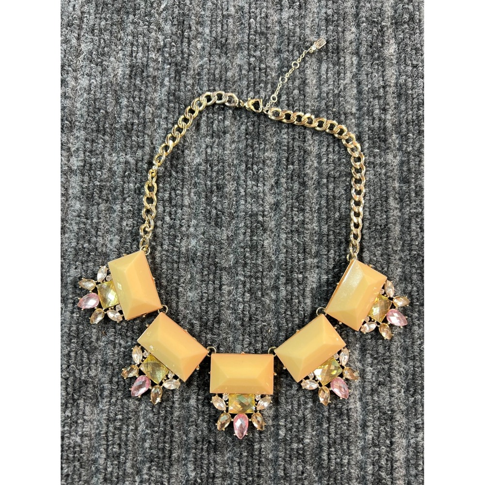 J. CREW Statement Necklace Peach Pink Gold Tone Crystal Resin Bib Chunky Jewelry